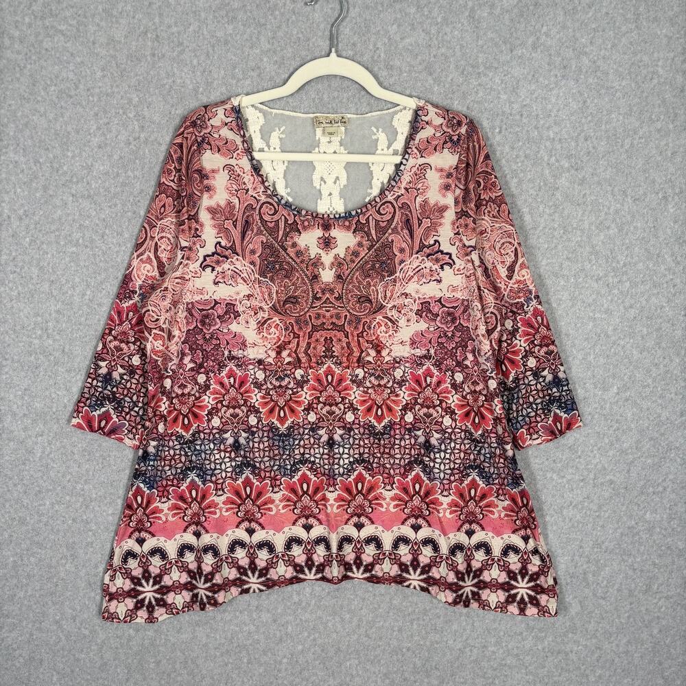 Live Let Live Tunic Top XL Crochet Lace Sheer Embellished Asymmetric Artsy Flowy